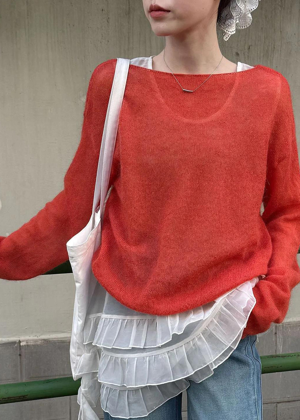 Red Loose Knit Tops Slash Neck Hollow Out Spring