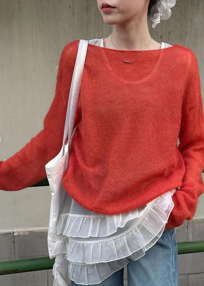Red Loose Knit Tops Slash Neck Hollow Out Spring