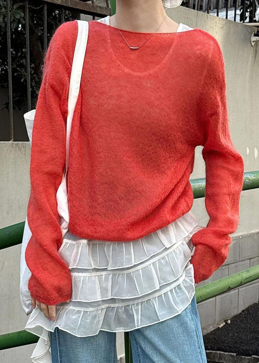 Red Loose Knit Tops Slash Neck Hollow Out Spring