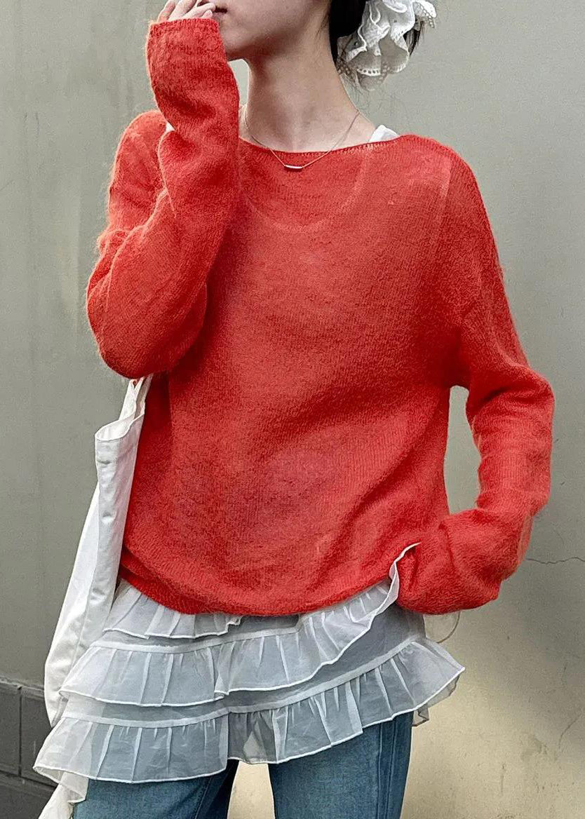 Red Loose Knit Tops Slash Neck Hollow Out Spring