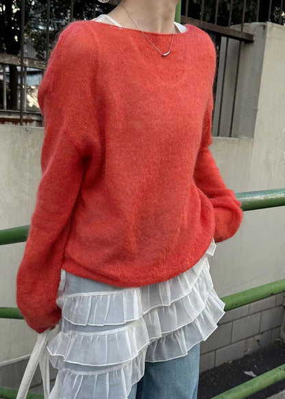 Red Loose Knit Tops Slash Neck Hollow Out Spring
