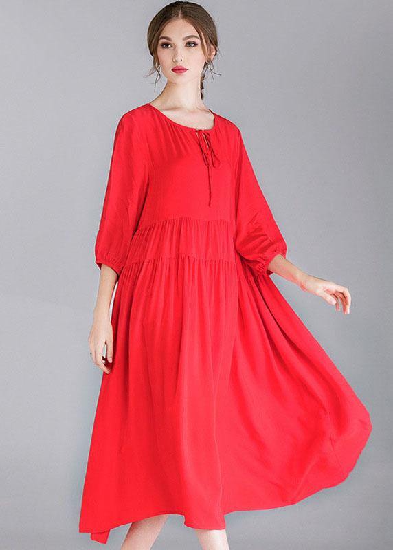 Red Loose Wrinkled Spring Holiday Dress Three Quarter Sleeve - SooLinen