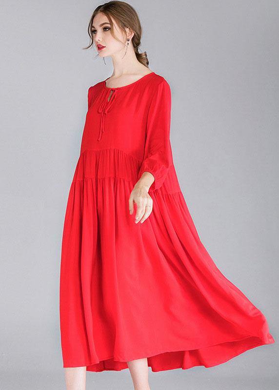 Red Loose Wrinkled Spring Holiday Dress Three Quarter Sleeve - SooLinen
