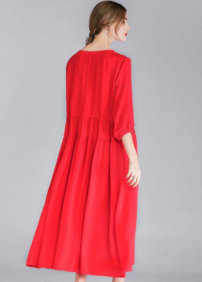 Red Loose Wrinkled Spring Holiday Dress Three Quarter Sleeve - SooLinen