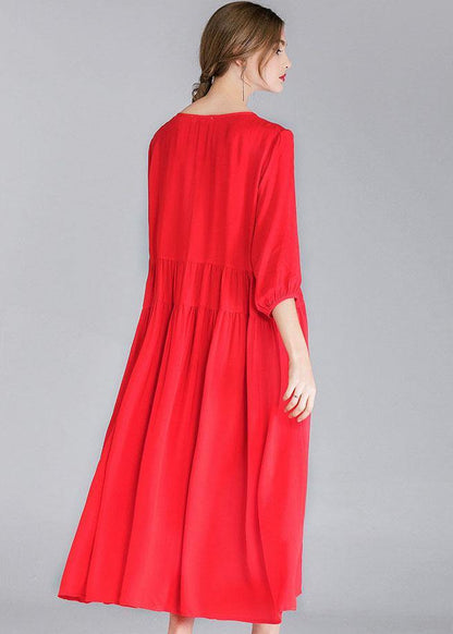 Red Loose Wrinkled Spring Holiday Dress Three Quarter Sleeve - SooLinen