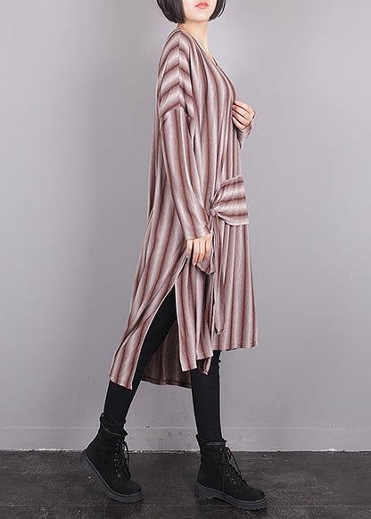 Red O-Neck Asymmetrical Striped Low High Design Maxi Dress Fall