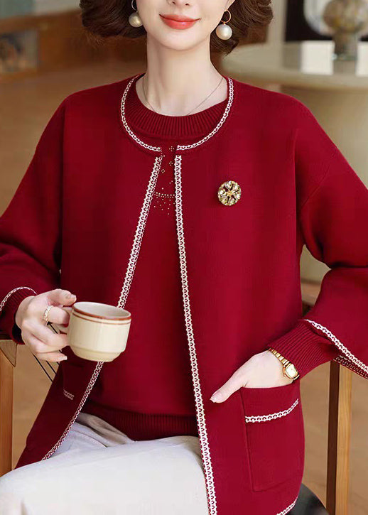 Red O-Neck Cotton Knit Coats And Sweater Two Pieces Set Three Quarter Sleeve