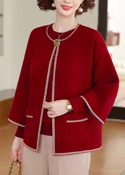 Red O-Neck Cotton Knit Coats And Sweater Two Pieces Set Three Quarter Sleeve