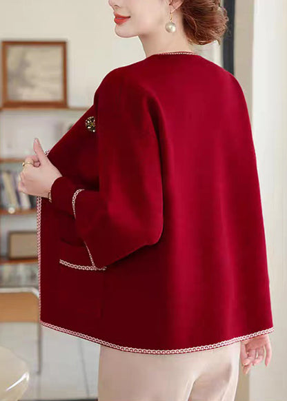 Red O-Neck Cotton Knit Coats And Sweater Two Pieces Set Three Quarter Sleeve