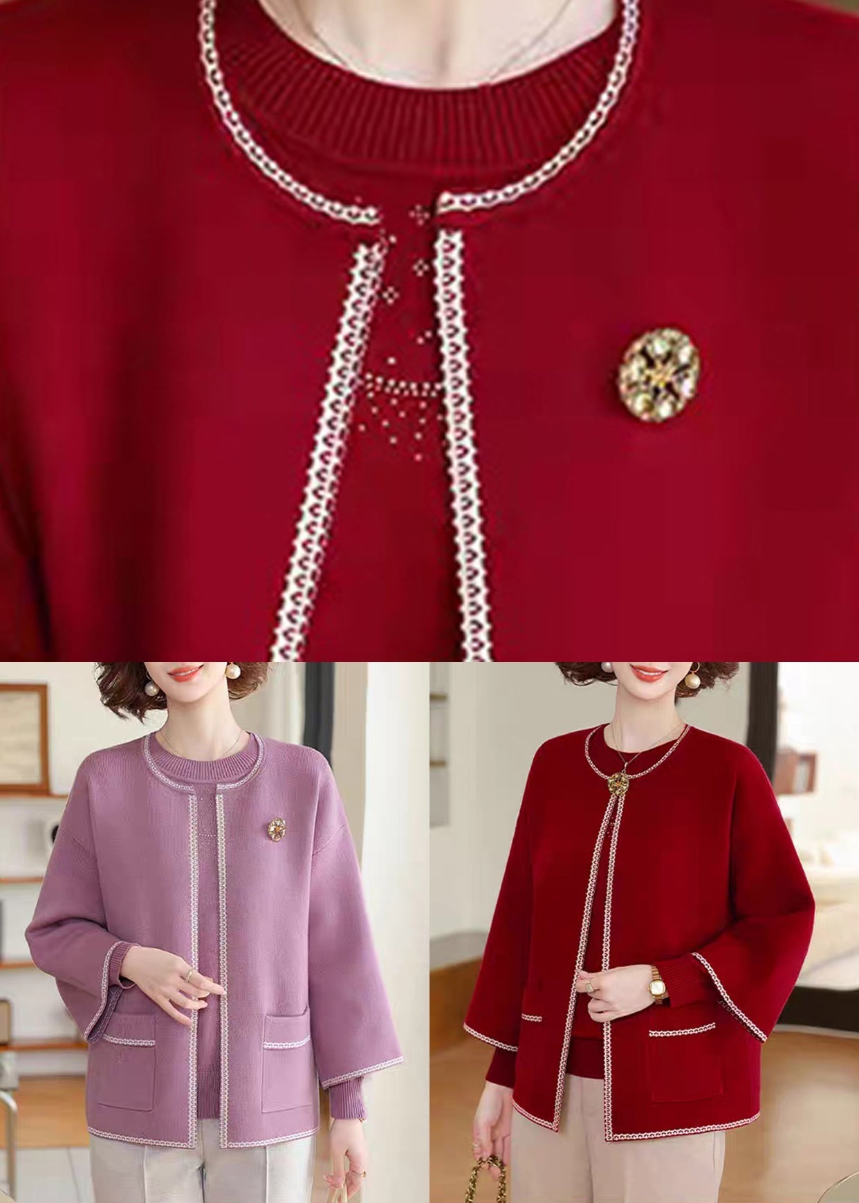 Red O-Neck Cotton Knit Coats And Sweater Two Pieces Set Three Quarter Sleeve