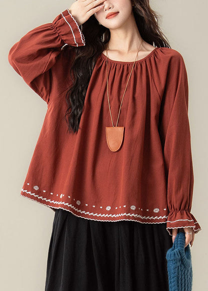 Red O-Neck Patchwork Top Long Sleeve