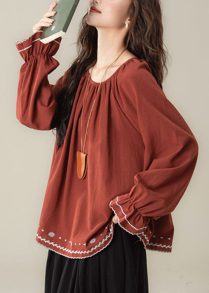 Red O-Neck Patchwork Top Long Sleeve