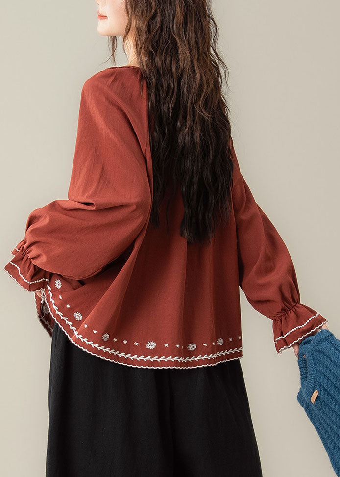Red O-Neck Patchwork Top Long Sleeve