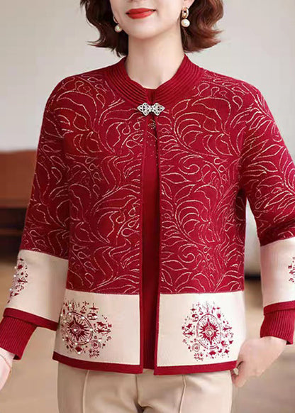 Red O-Neck Print Knit Coats And Sweaters Two Pieces Set Spring