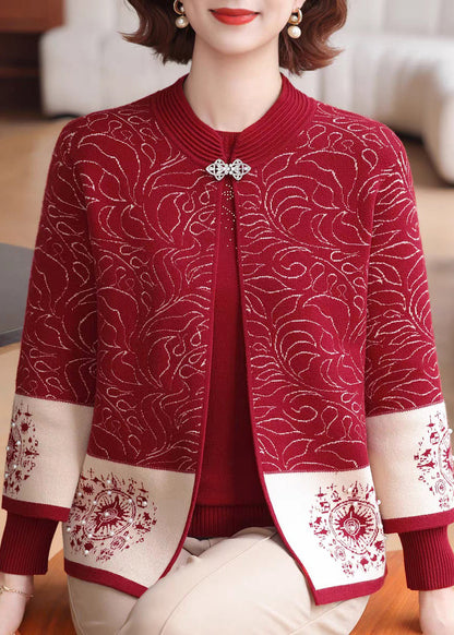 Red O-Neck Print Knit Coats And Sweaters Two Pieces Set Spring