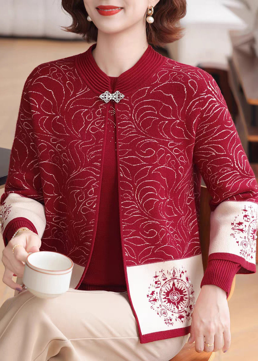 Red O-Neck Print Knit Coats And Sweaters Two Pieces Set Spring