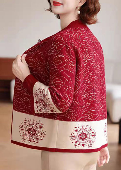 Red O-Neck Print Knit Coats And Sweaters Two Pieces Set Spring