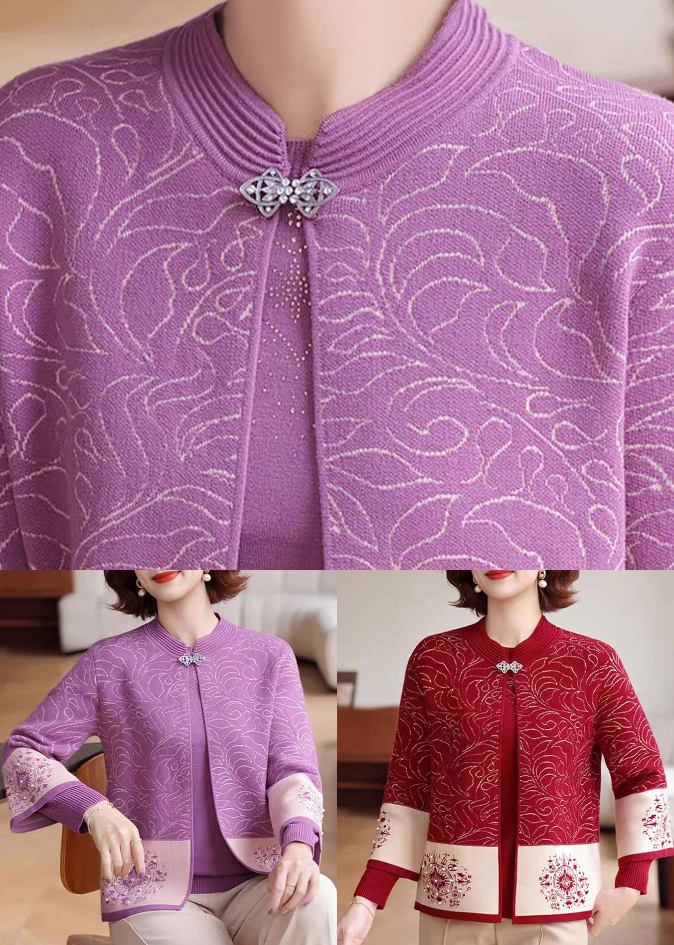 Red O-Neck Print Knit Coats And Sweaters Two Pieces Set Spring