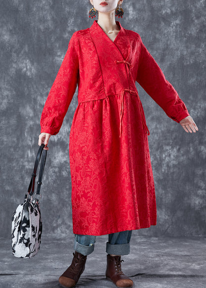 Red Oriental Linen Long Dress Chinese Button Tassel Spring
