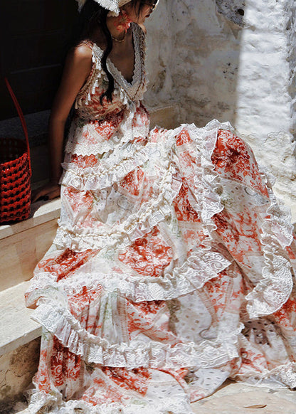 Red Patchwork Chiffon Holiday Dresses Exra Large Hem Summer