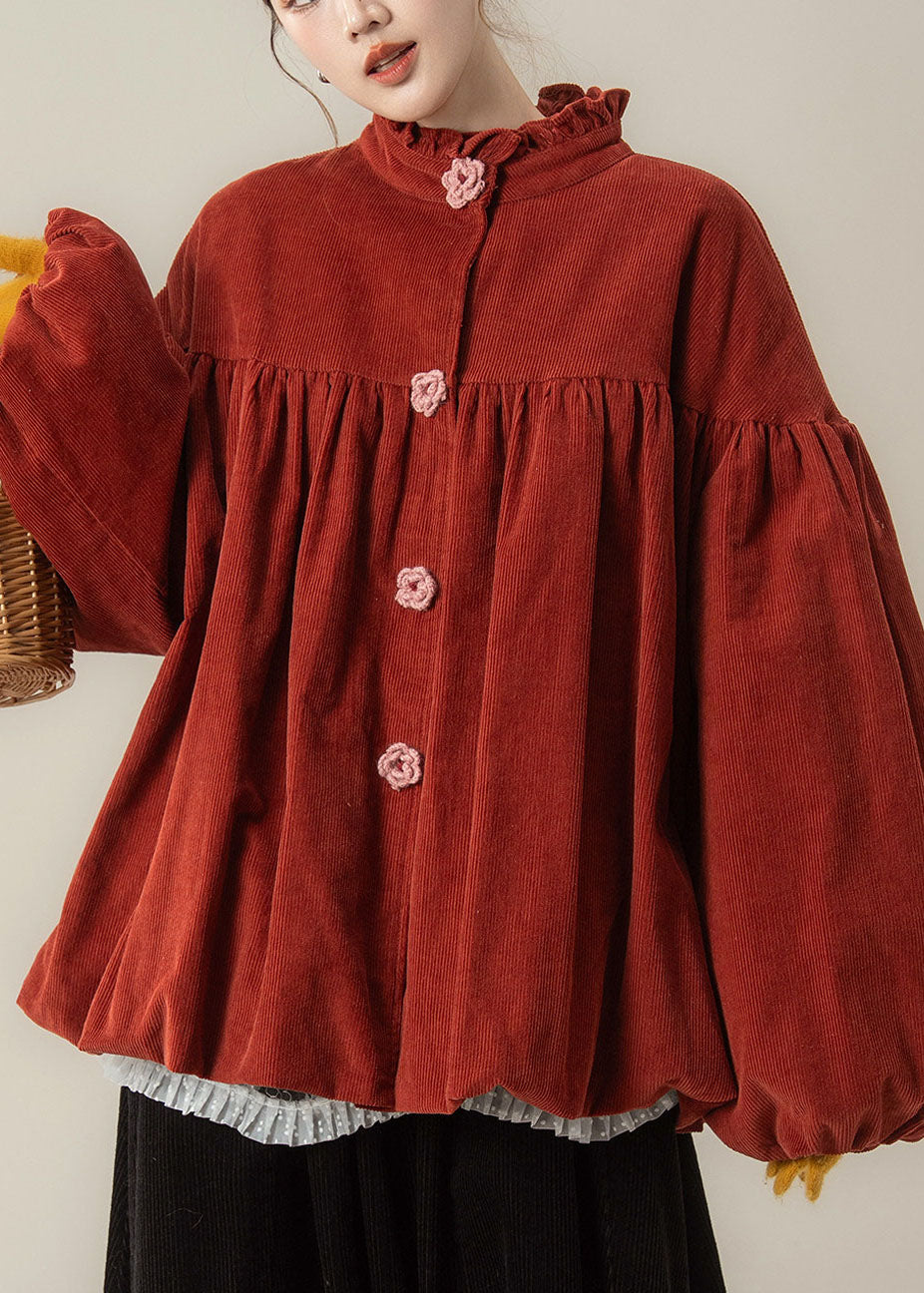 Red Patchwork Corduroy Womens Ruffled Lantern Sleeve