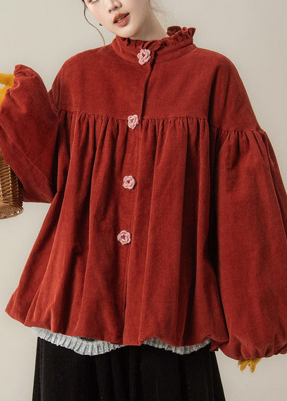 Red Patchwork Corduroy Womens Ruffled Lantern Sleeve