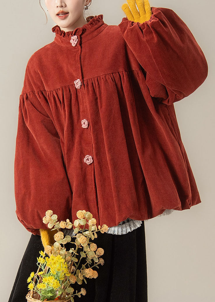 Red Patchwork Corduroy Womens Ruffled Lantern Sleeve