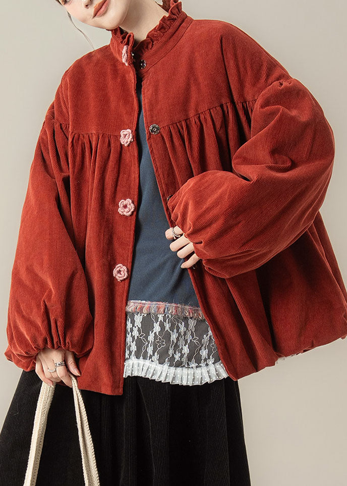 Red Patchwork Corduroy Womens Ruffled Lantern Sleeve