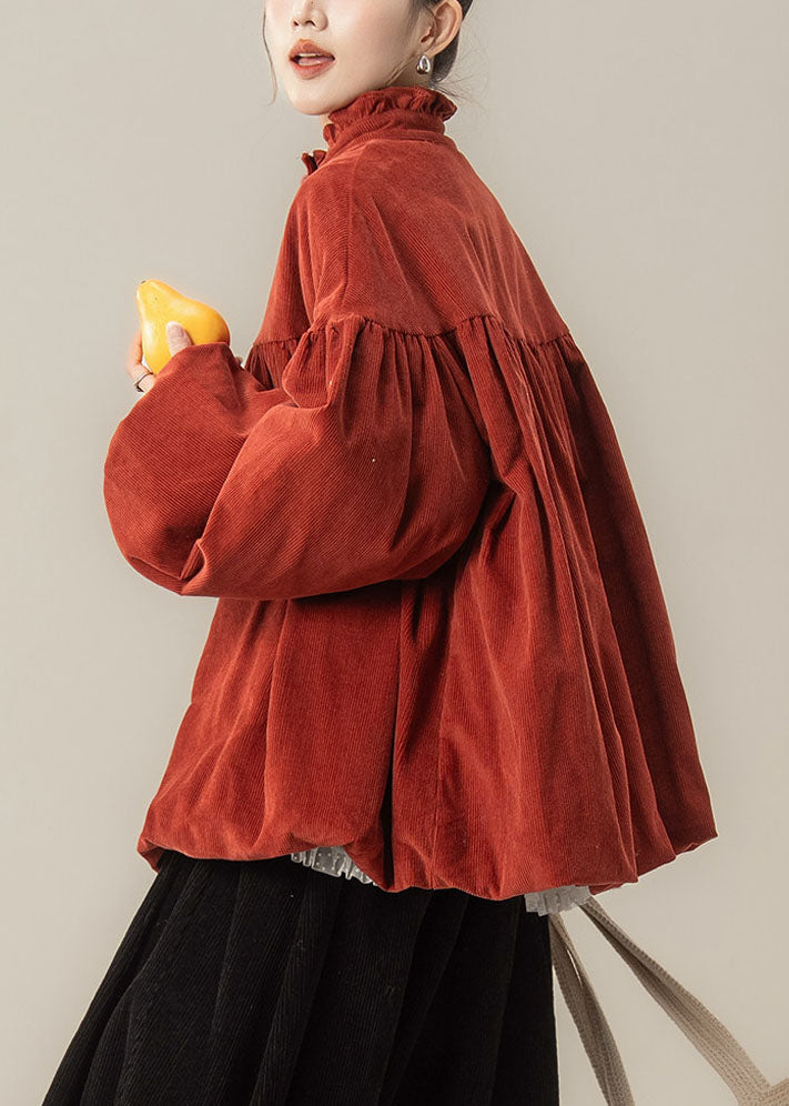 Red Patchwork Corduroy Womens Ruffled Lantern Sleeve