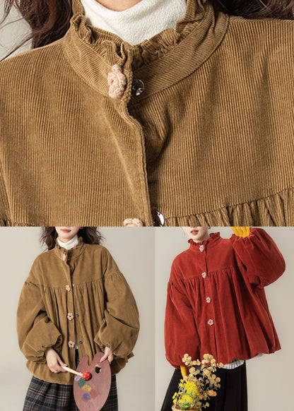 Red Patchwork Corduroy Womens Ruffled Lantern Sleeve