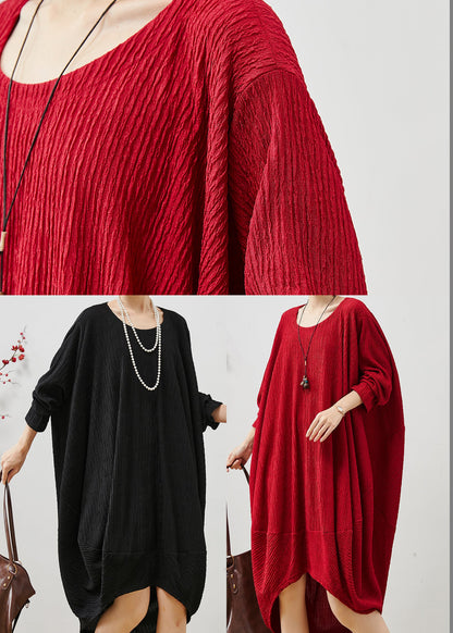 Red Patchwork Cotton Maxi Dress Oversized Wrinkled Fall