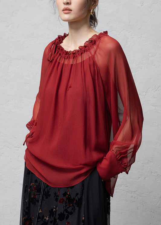 Red Patchwork Handmade Silk Shirt Tops Ruffled Fall