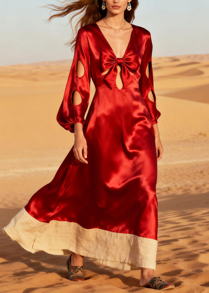 Red Patchwork Silk Holiday Dress Oversized Hollow Out Summer