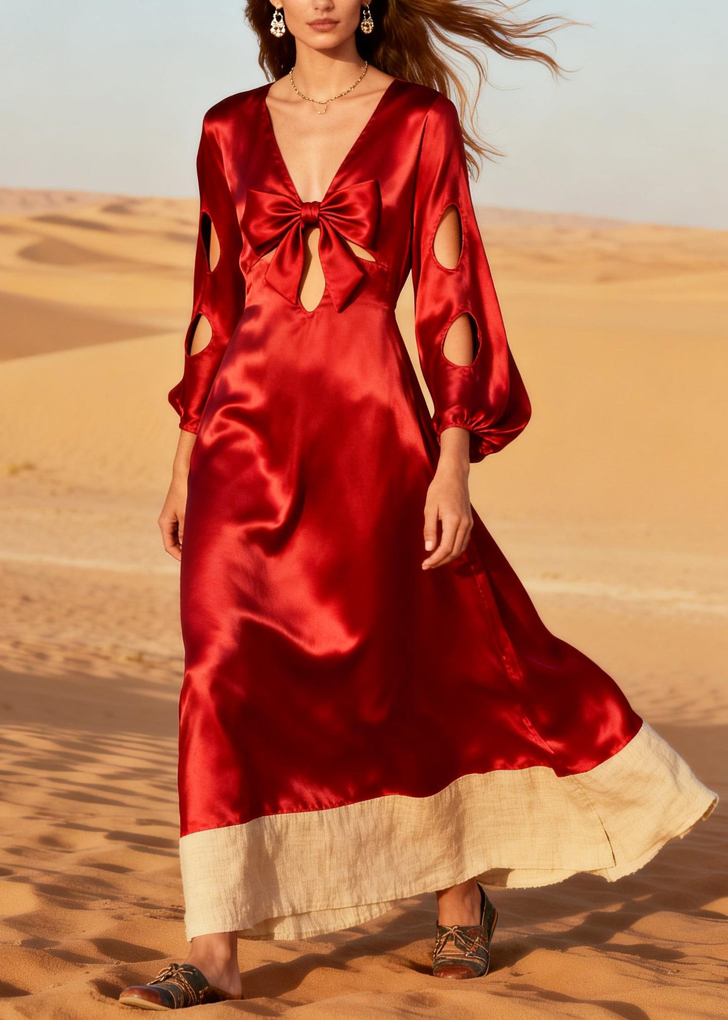 Red Patchwork Silk Holiday Dress Oversized Hollow Out Summer