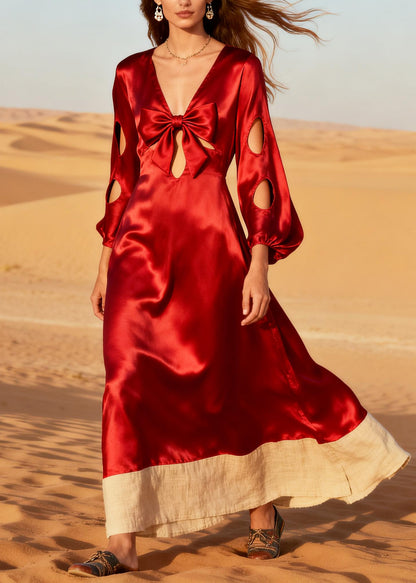 Red Patchwork Silk Holiday Dress Oversized Hollow Out Summer