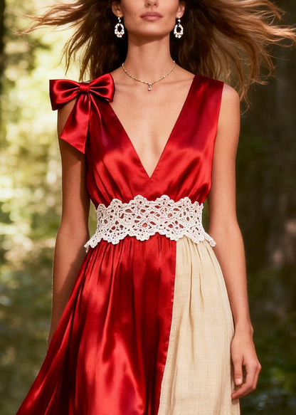 Red Patchwork Silk Party Dresses Asymmetrical Exra Large Hem Bow Summer