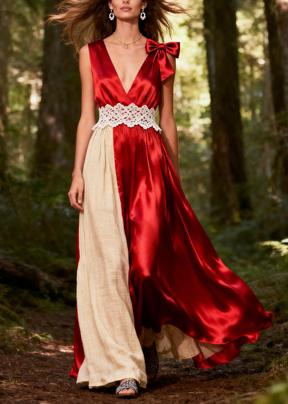 Red Patchwork Silk Party Dresses Asymmetrical Exra Large Hem Bow Summer
