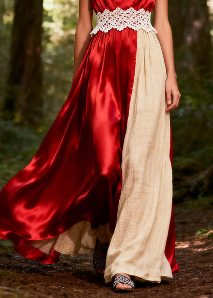 Red Patchwork Silk Party Dresses Asymmetrical Exra Large Hem Bow Summer