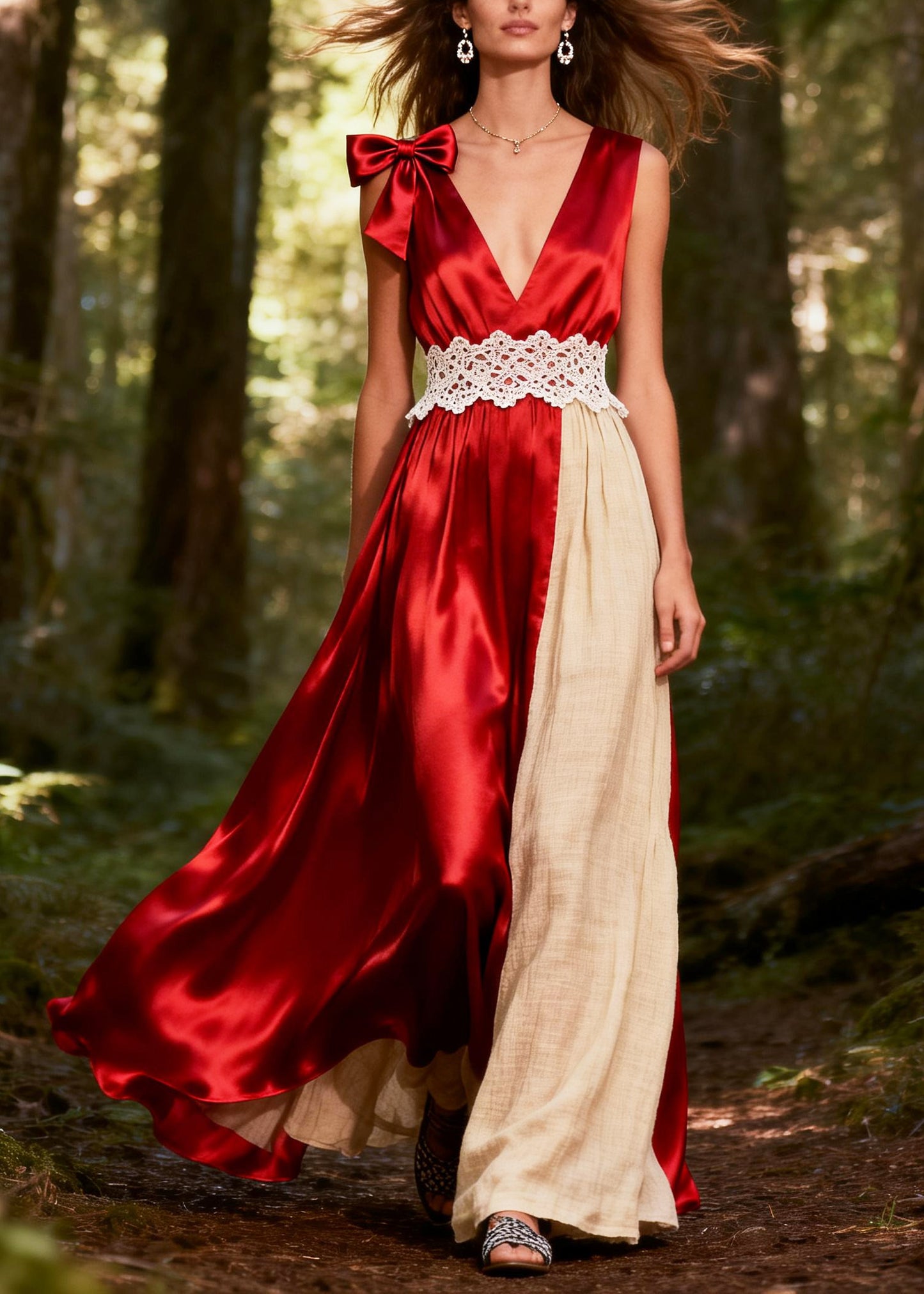 Red Patchwork Silk Party Dresses Asymmetrical Exra Large Hem Bow Summer