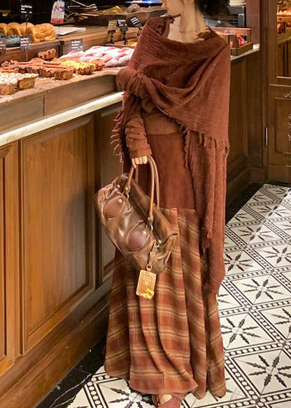 Red Patchwork Top, Maxi Skirts And Scarf Three Pieces Set Fall