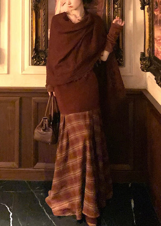 Red Patchwork Top, Maxi Skirts And Scarf Three Pieces Set Fall