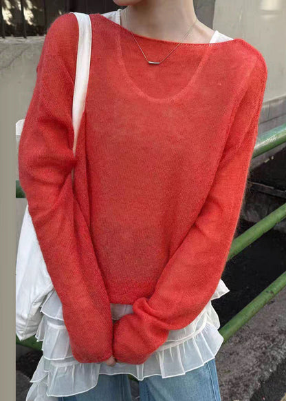 Red PatchworkMa Hai Mao Knit Top Long Sleeve