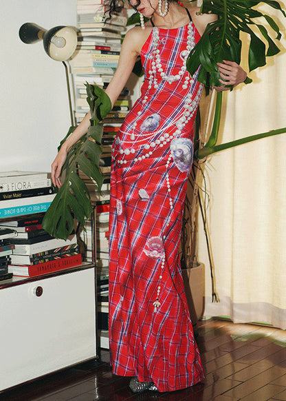 Red Pearl Print Silm Fit Holiday Dress Backless Summer