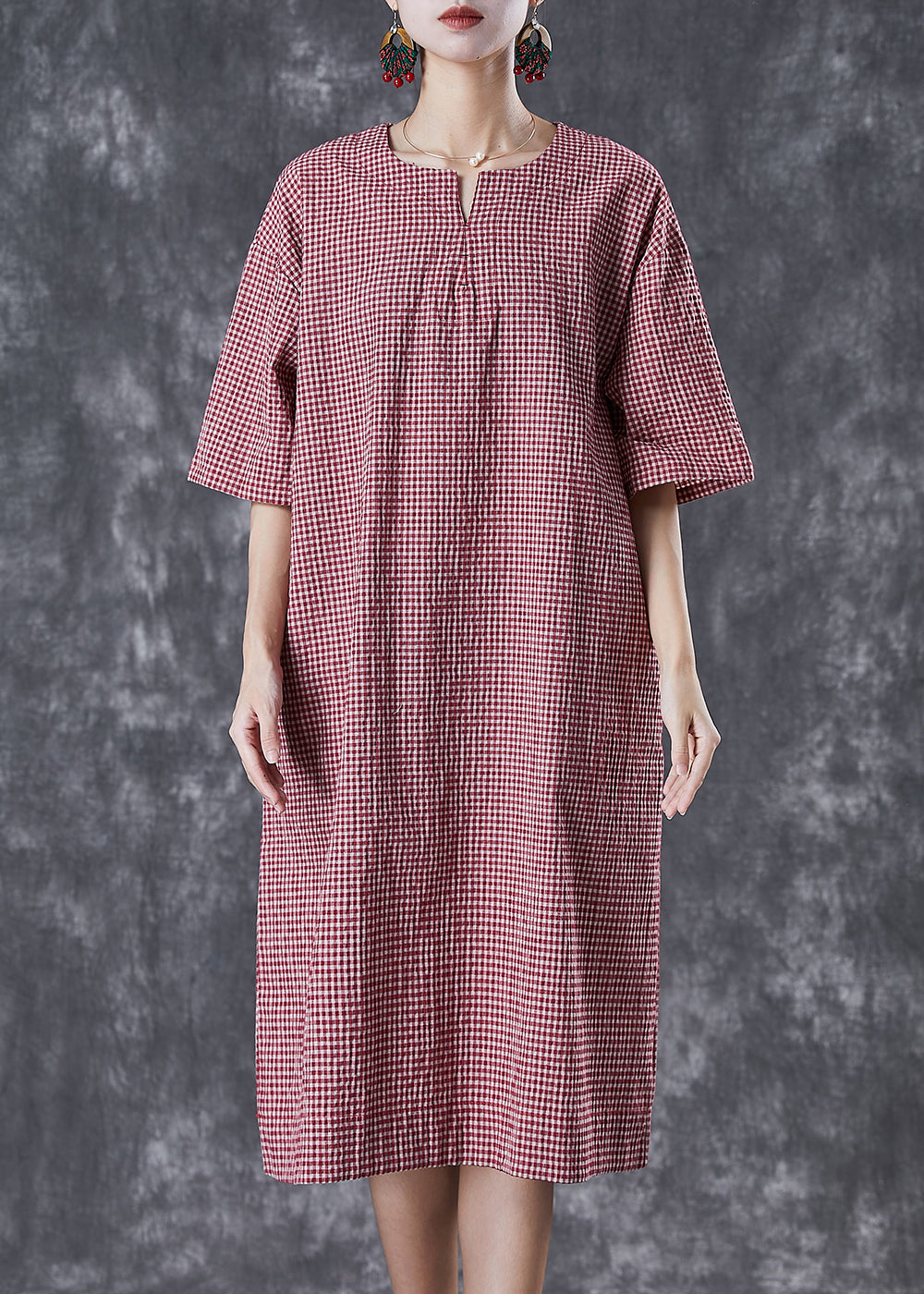 Red Plaid Cotton Holiday Dress Oversized Summer