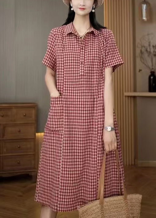 Red Plaid Linen Shirt Dresses Peter Pan Collar Summer