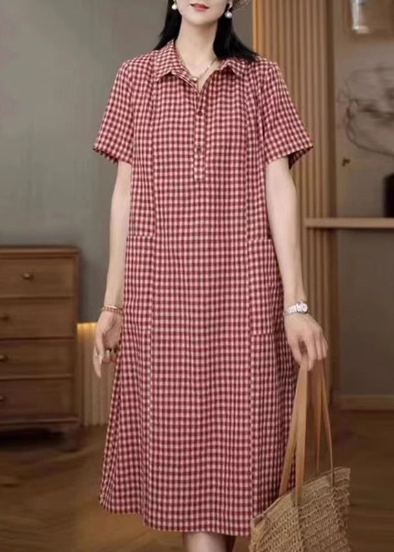 Red Plaid Linen Shirt Dresses Peter Pan Collar Summer