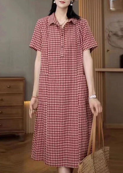 Red Plaid Linen Shirt Dresses Peter Pan Collar Summer