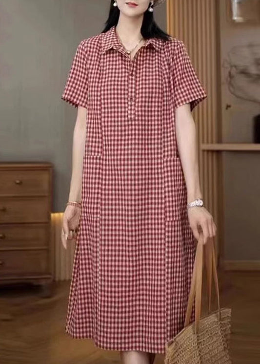Red Plaid Linen Shirt Dresses Peter Pan Collar Summer