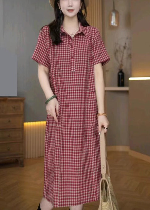 Red Plaid Linen Shirt Dresses Peter Pan Collar Summer