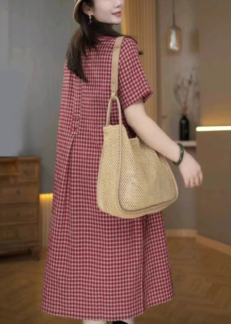 Red Plaid Linen Shirt Dresses Peter Pan Collar Summer